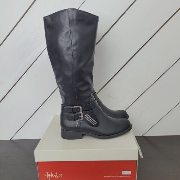 NWT Style & Co Womens Maliaa Black Knee-High Boots With Buckle Detail Size 6M - Picture 1 of 10